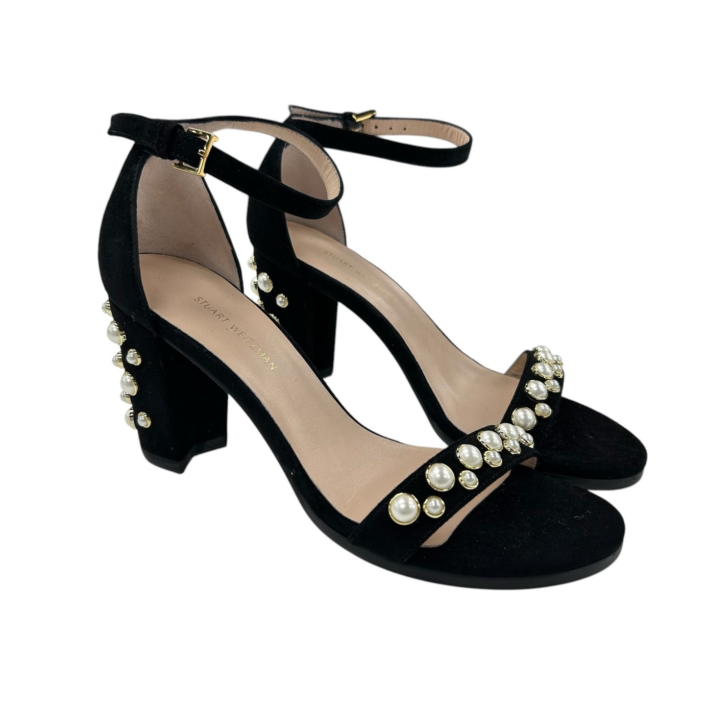 Stuart Weitzman Black Morepearls Studded Suede Ankle Strap Sandals Womens 7