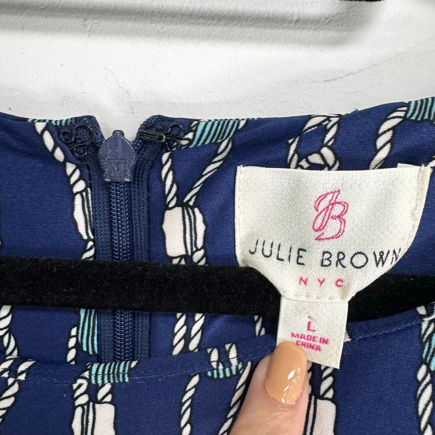 Julie Brown Navy White 3/4 Sleeve Merrie Printed Shift Dress Womens Large