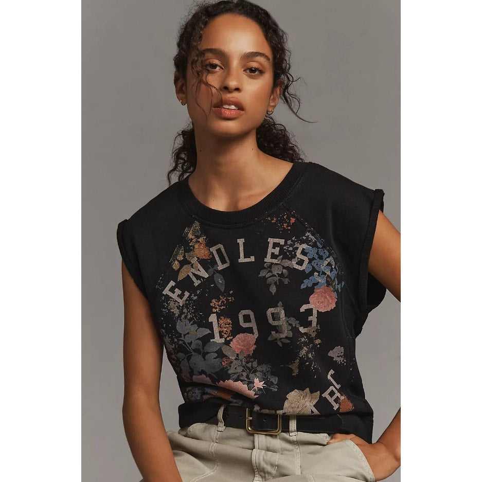 Pilcro Black Floral Sleeveless Crewneck Cotton Muscle Sweatshirt Womens Medium