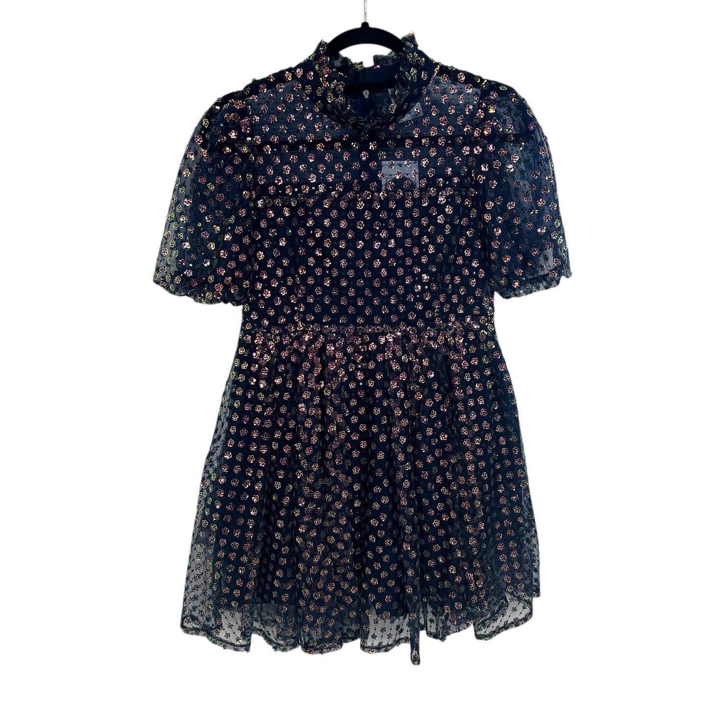 NWT Queen of Sparkles Navy Sequin Flower Short Sleeve Mini Dress Womens Small