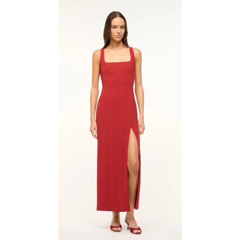 NWT Staud Rouge Red Ankle Length Portrait Sleeveless Column Maxi Dress Womens 2
