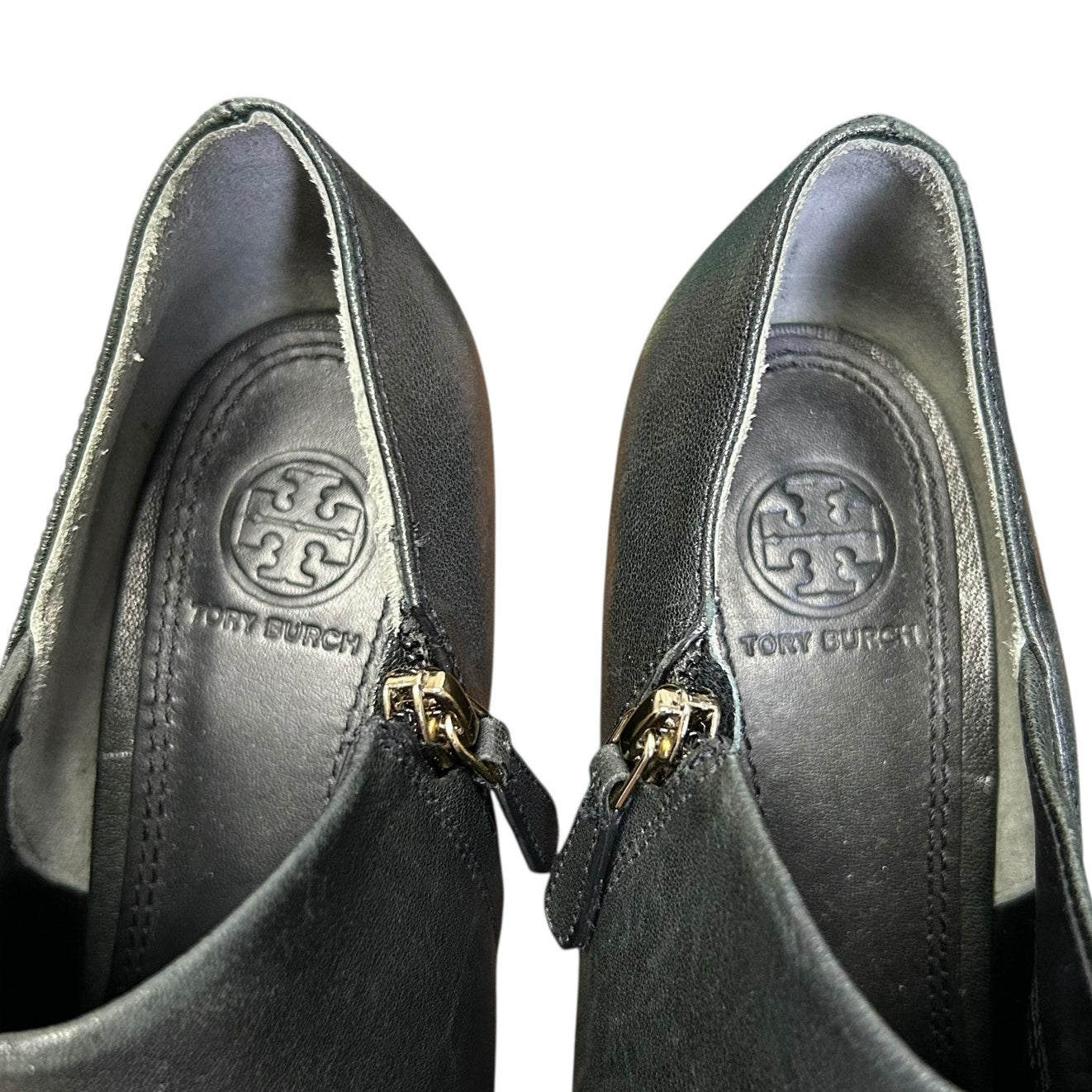 Tory Burch Charcoal Black Leather Lorelei Pointed Toe Side Zip Booties Womens 9