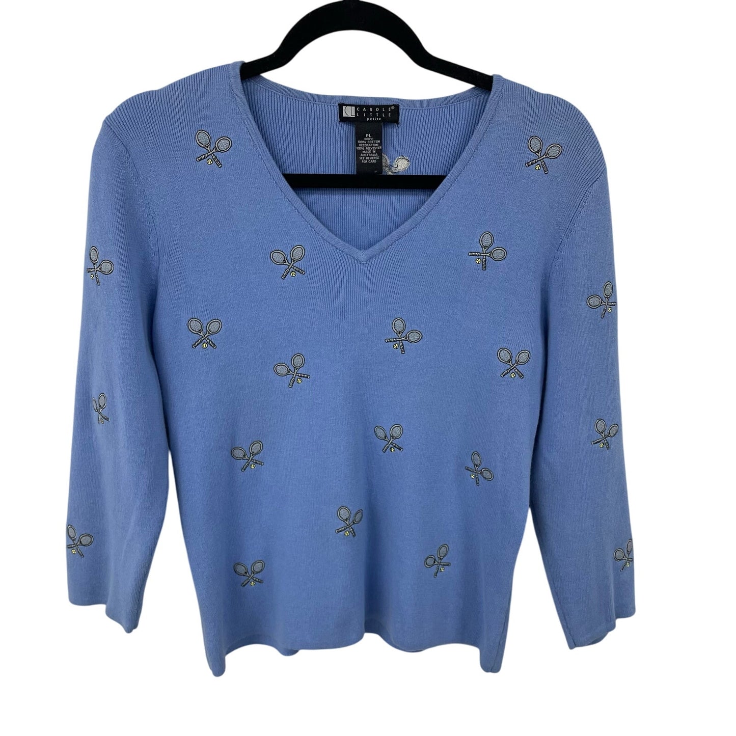 Vintage Carole Little Tennis Theme Embroidered Blue Sweater Petite Large AS IS