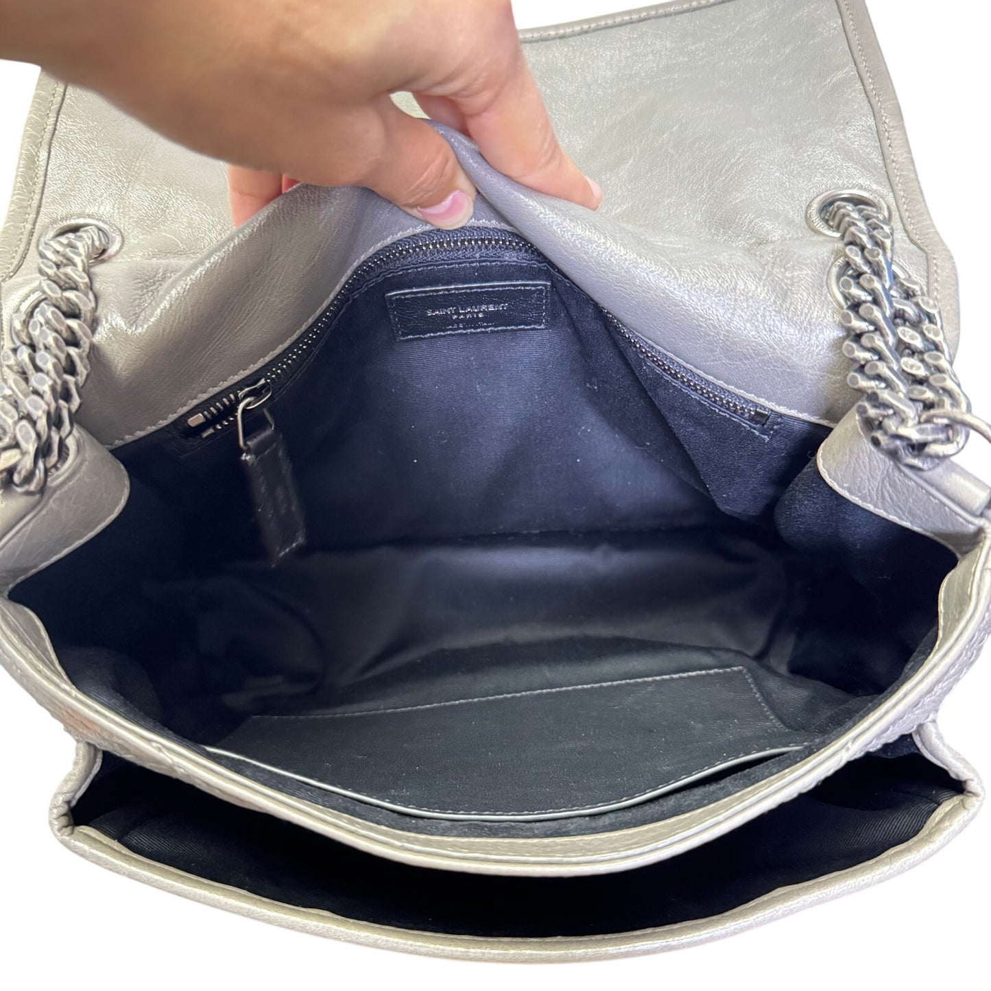 Yves Saint Laurent Fog Grey Crinkled Calfskin Monogram Niki Chain Satchel