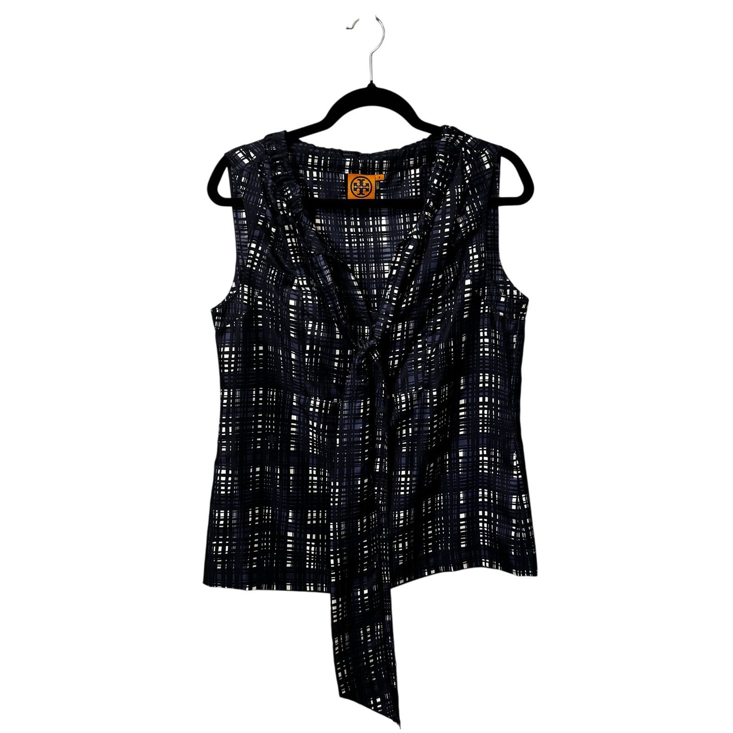 Tory Burch Navy White Sleeveless Tie Neck Silk Saffield Blouse Tank Womens 8