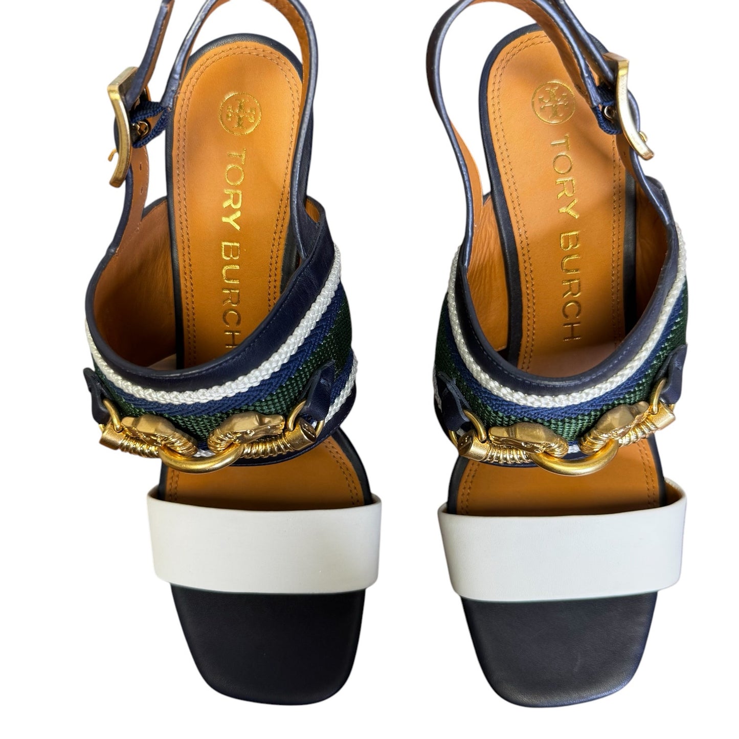 Tory Burch Navy Green White Jessa Slingback Block Heel Sandals Womens 8.5