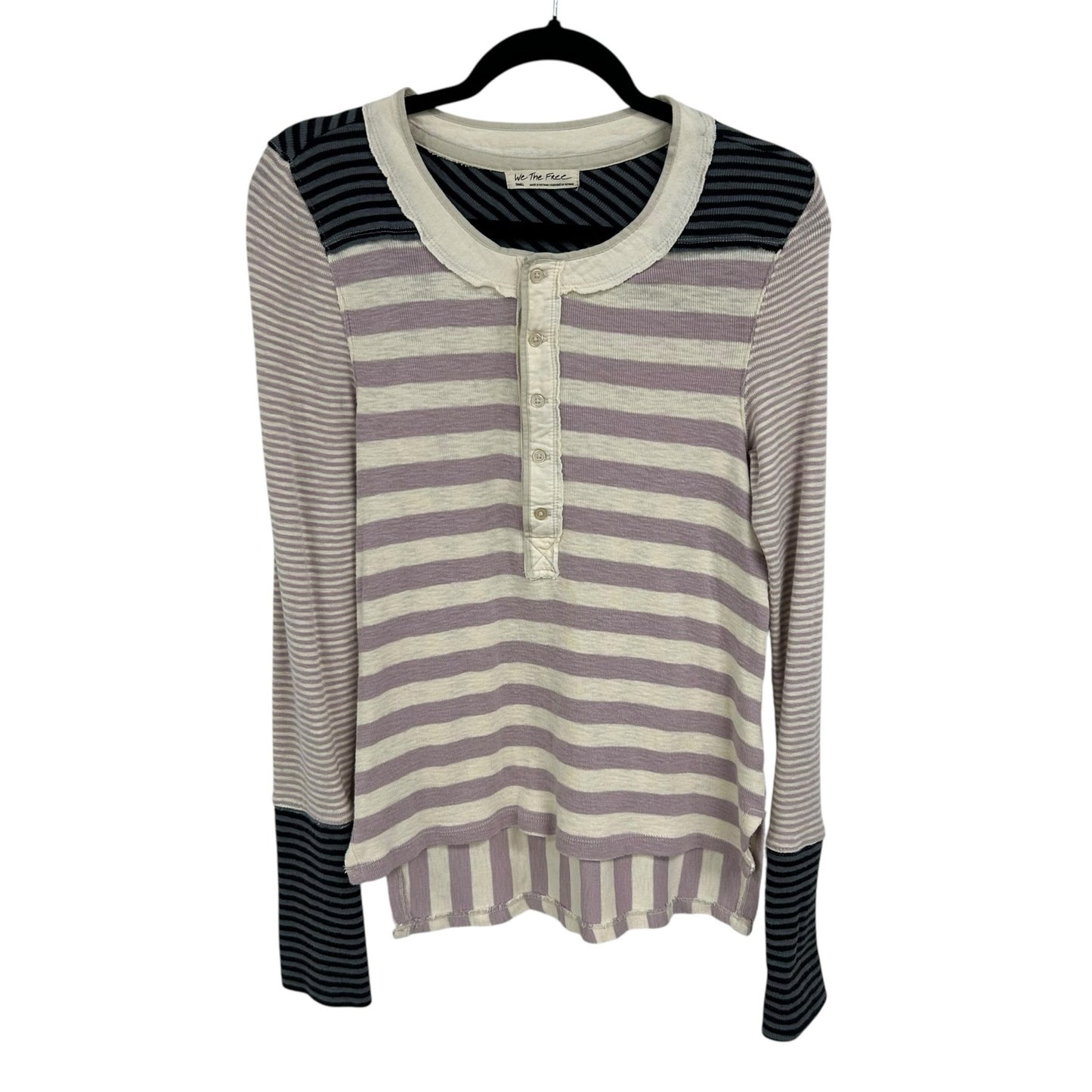 We The Free Lavender Cream Give Me Stripes Long Sleeve Henley Tee Womens Small