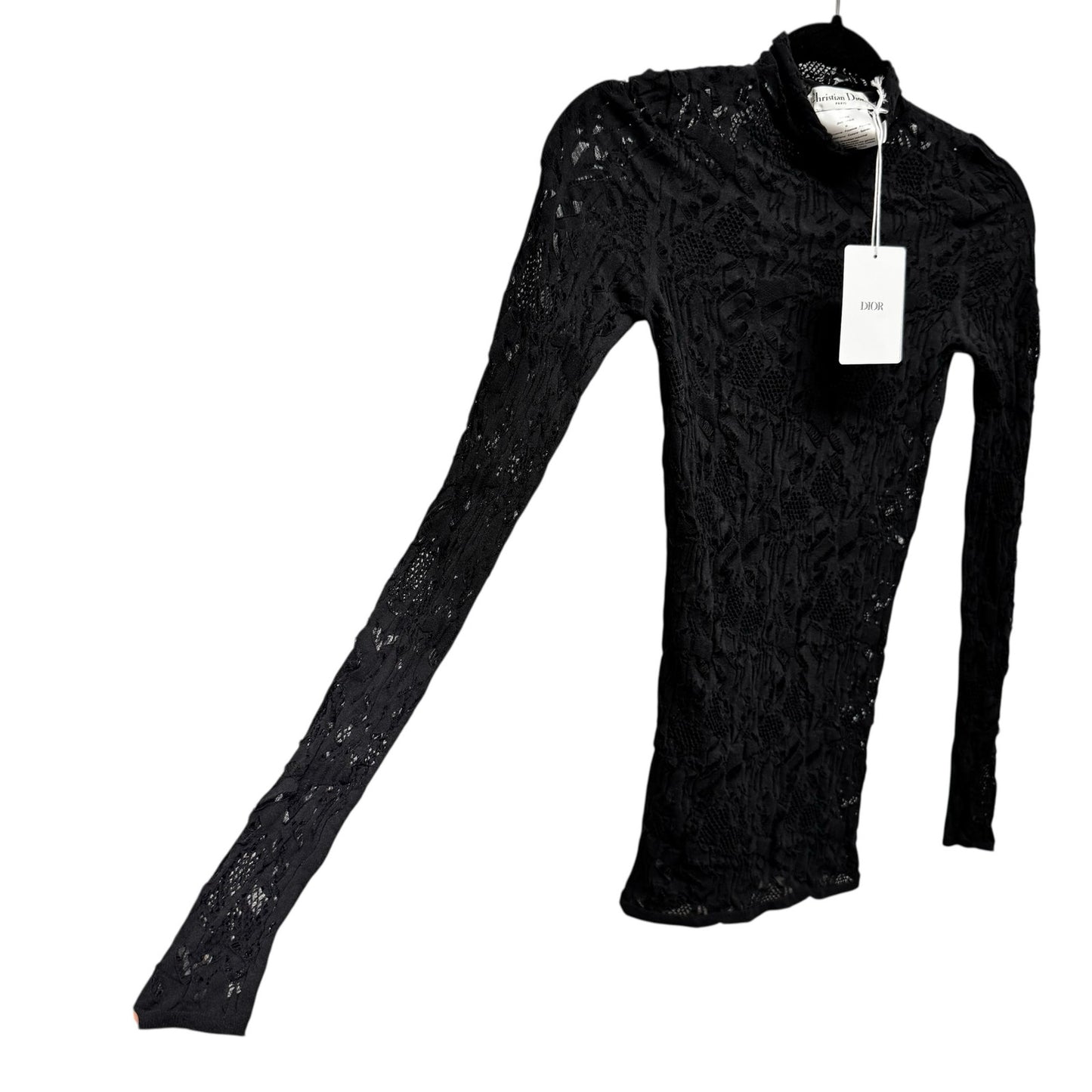 NWT Christian Dior Black Stretch Lace Long Sleeve Mock Neck Top Womens Medium