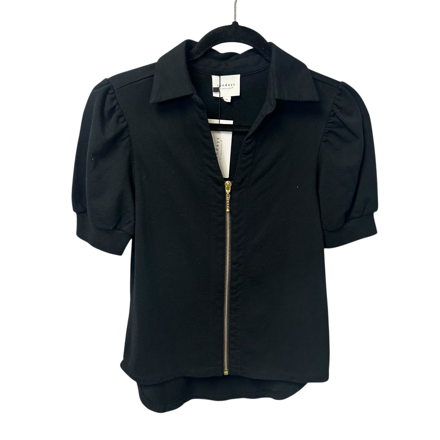 NWT Sundays by wearsundays Black Betsy Short Sleeve Zip Front Top Womens XS