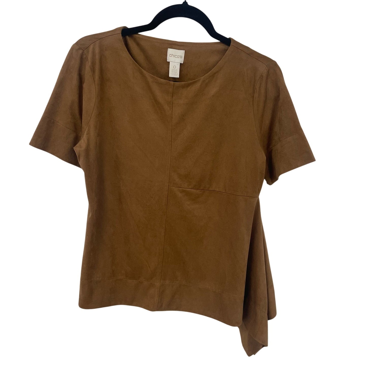 NWT Chico’s Draped Faux Suede Top Short Sleeve Gingerbread Brown Womens Size 4