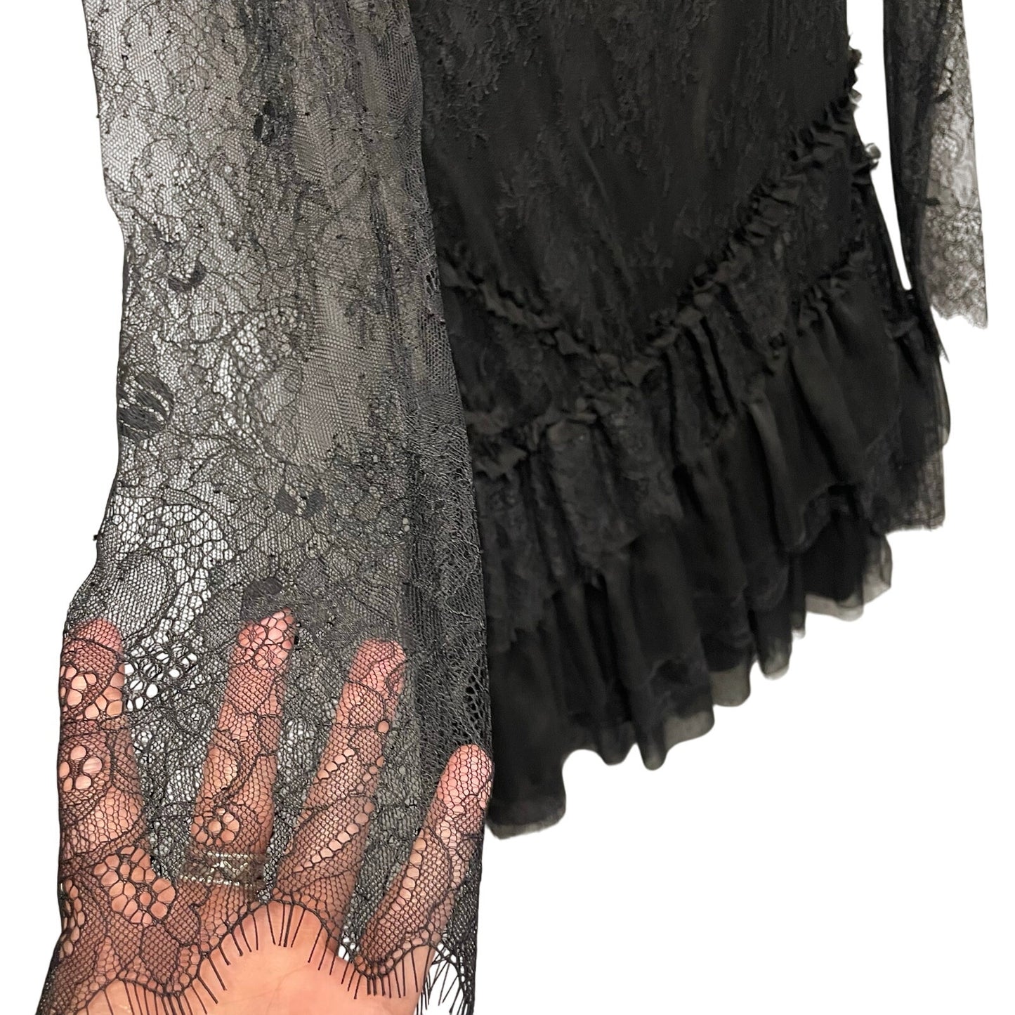 NWT LoveShackFancy Amberleigh Black Ruffle Lace Mini Dress Womens Size 2