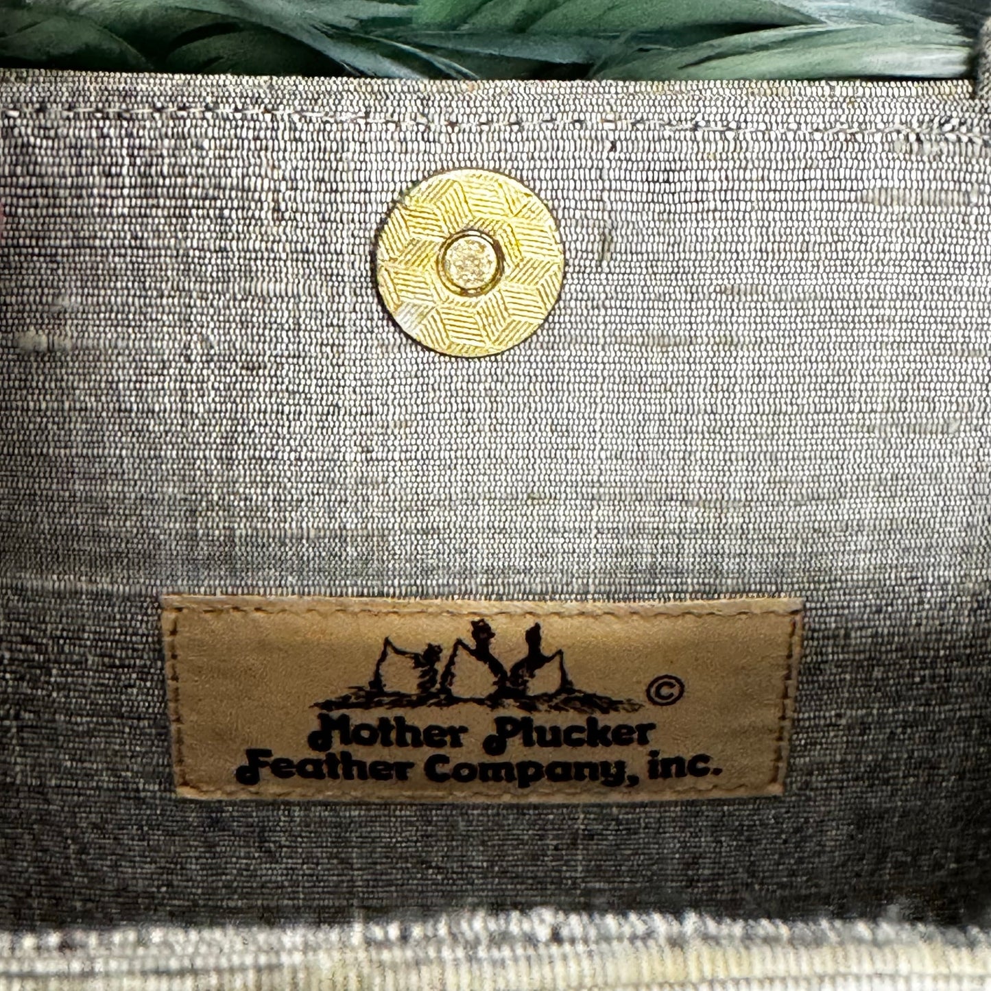 NWT Mother Plucker Feather Company Khaki Sage Green Feather Silk Top Handle Bag