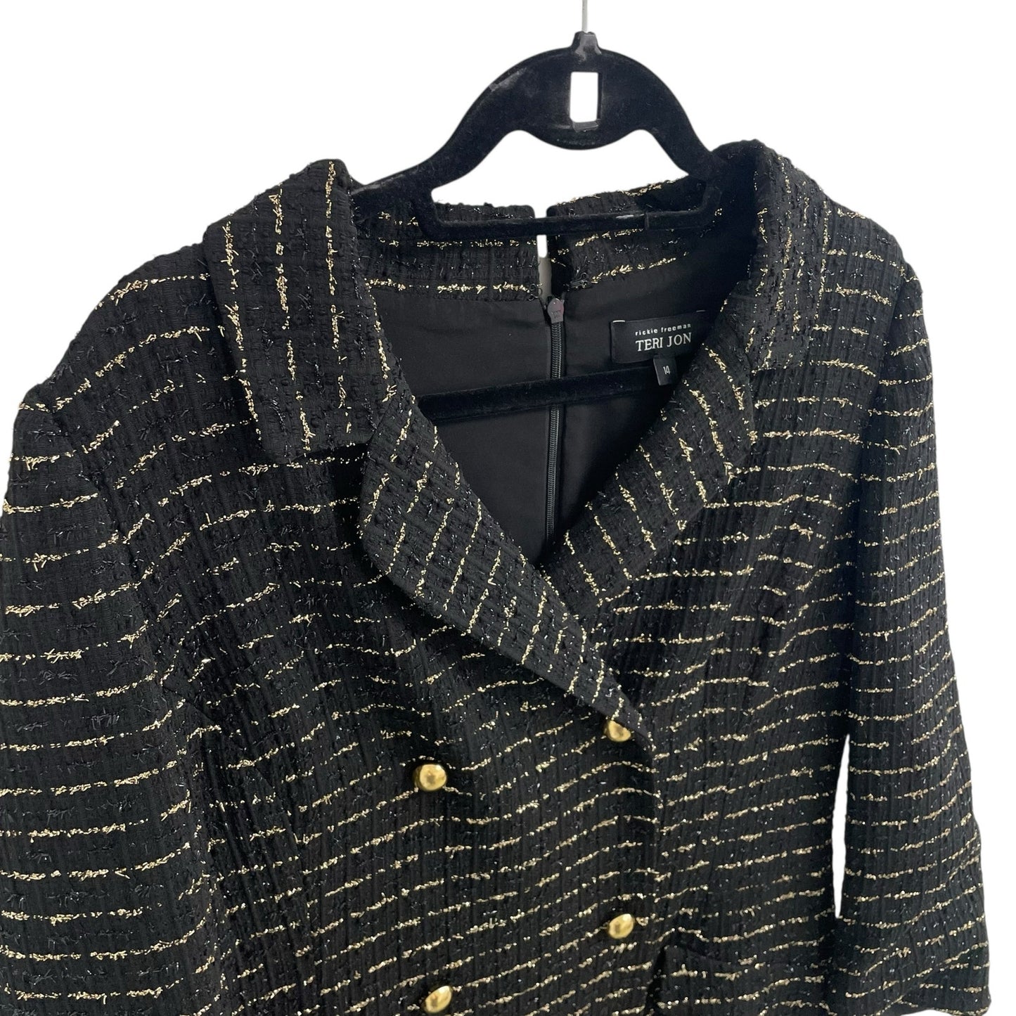 Rickie Freeman Teri Jon Black Gold Metallic Double Breasted Twill Coat Dress 14