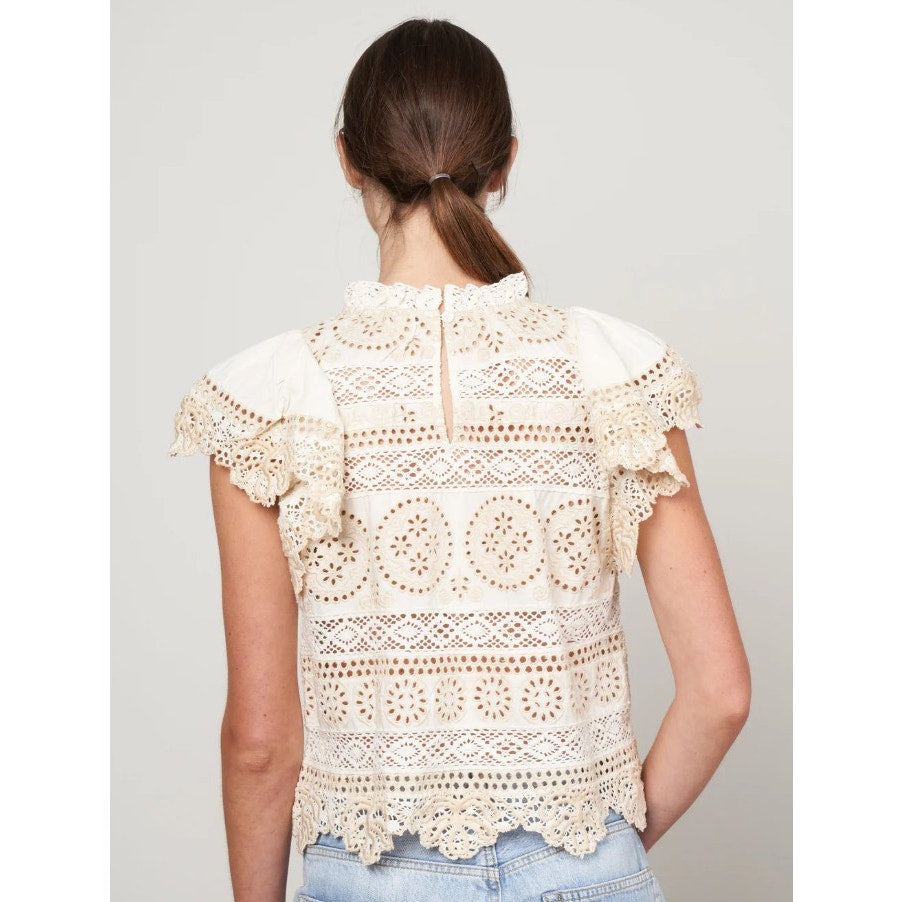 SEA New York Cream Evie Eyelet Embroidered Flutter Sleeve Top Womens Medium