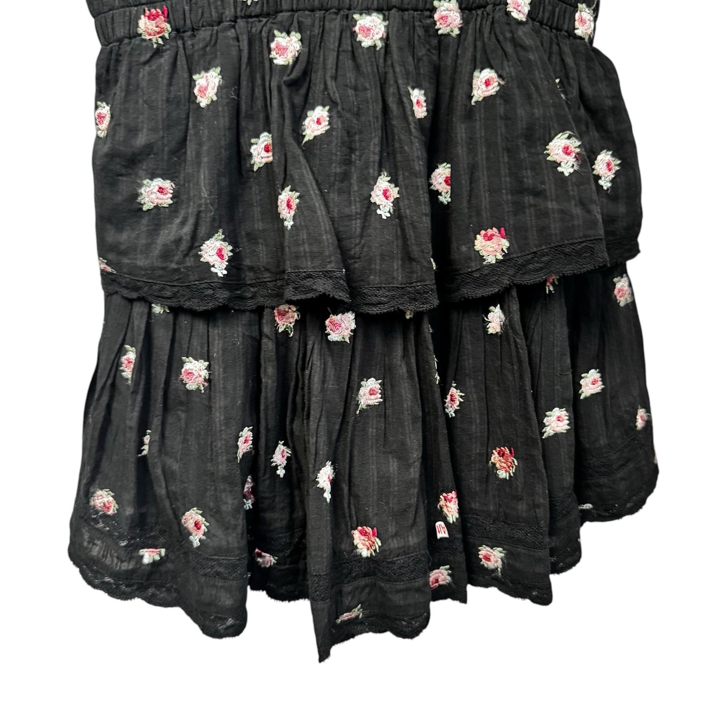 LoveShackFancy Short Sleeve Ruffle Mini Natasha Dress Black Combo Floral Size XS