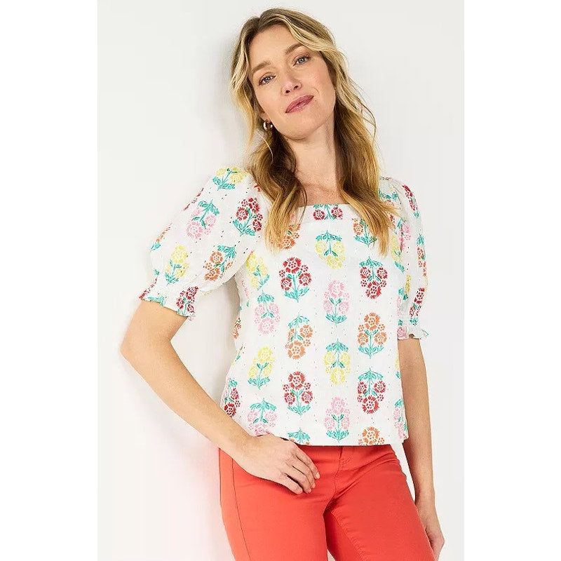 Draper James RSVP Eyelet Puff Shoulder Square Neck Top White Multi Floral Small
