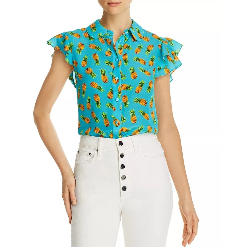 Alice + Olivia Blue Pineapple Print Flutter Sleeve Button Front Top Size Medium