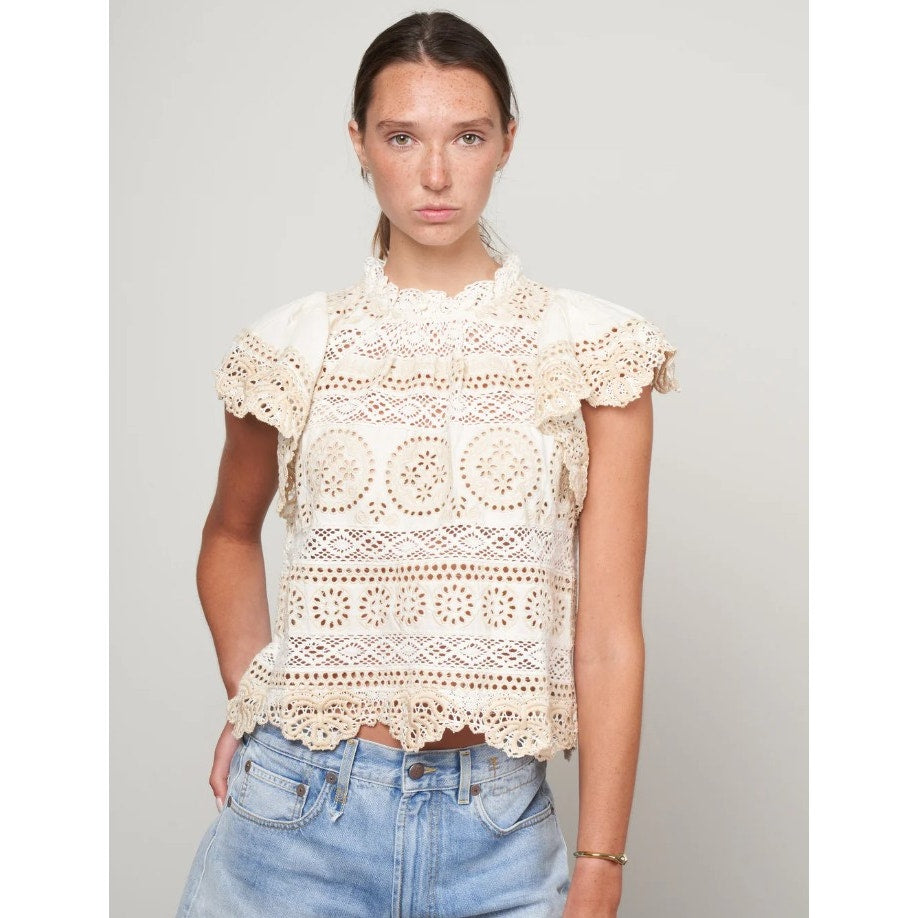 SEA New York Cream Evie Eyelet Embroidered Flutter Sleeve Top Womens Medium