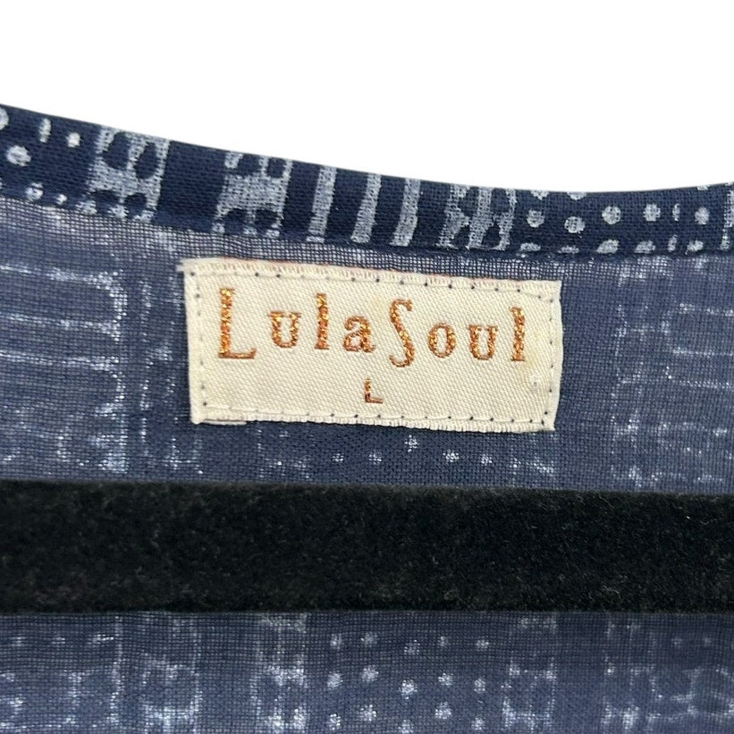 LulaSoul Navy White Printed Short Sleeve Tassel Knee Length Dress Womens Large