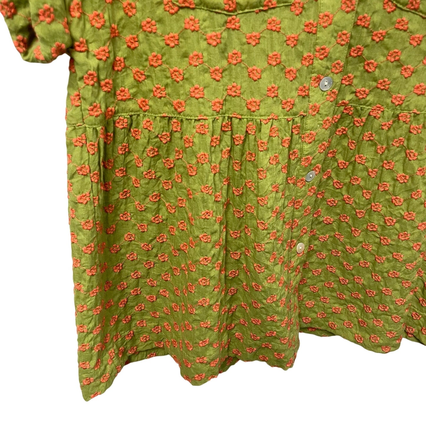 Ivy Jane Ginger Floral Embroidered Short Sleeve Button Up Green Coral Womens XS