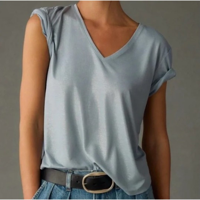 NWT by Anthropologie Sky Blue Shimmer Short Sleeve V Neck Tee Womens XS