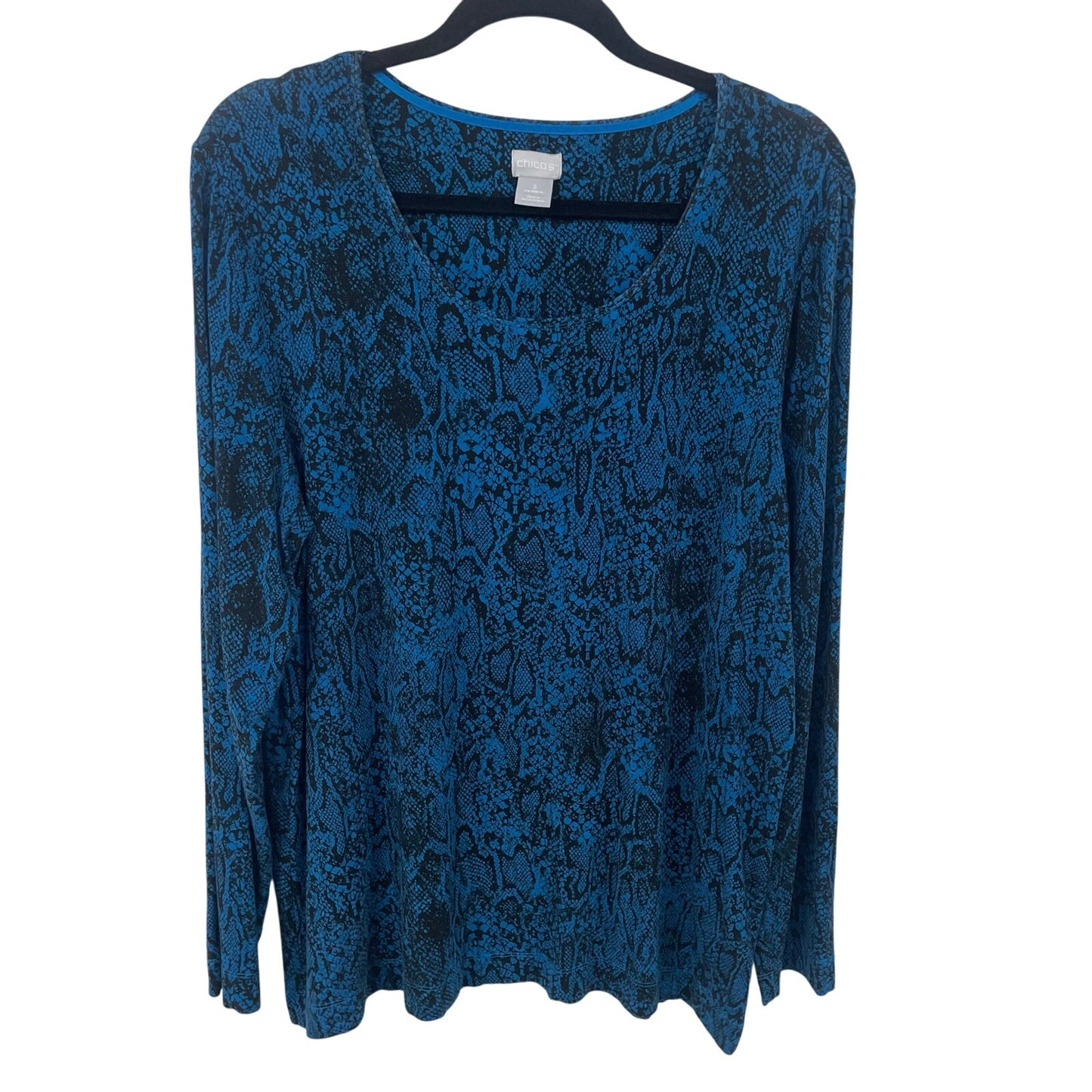Chico’s Blue Black Snakeskin Print Long Sleeve T Shirt Womens Size XL