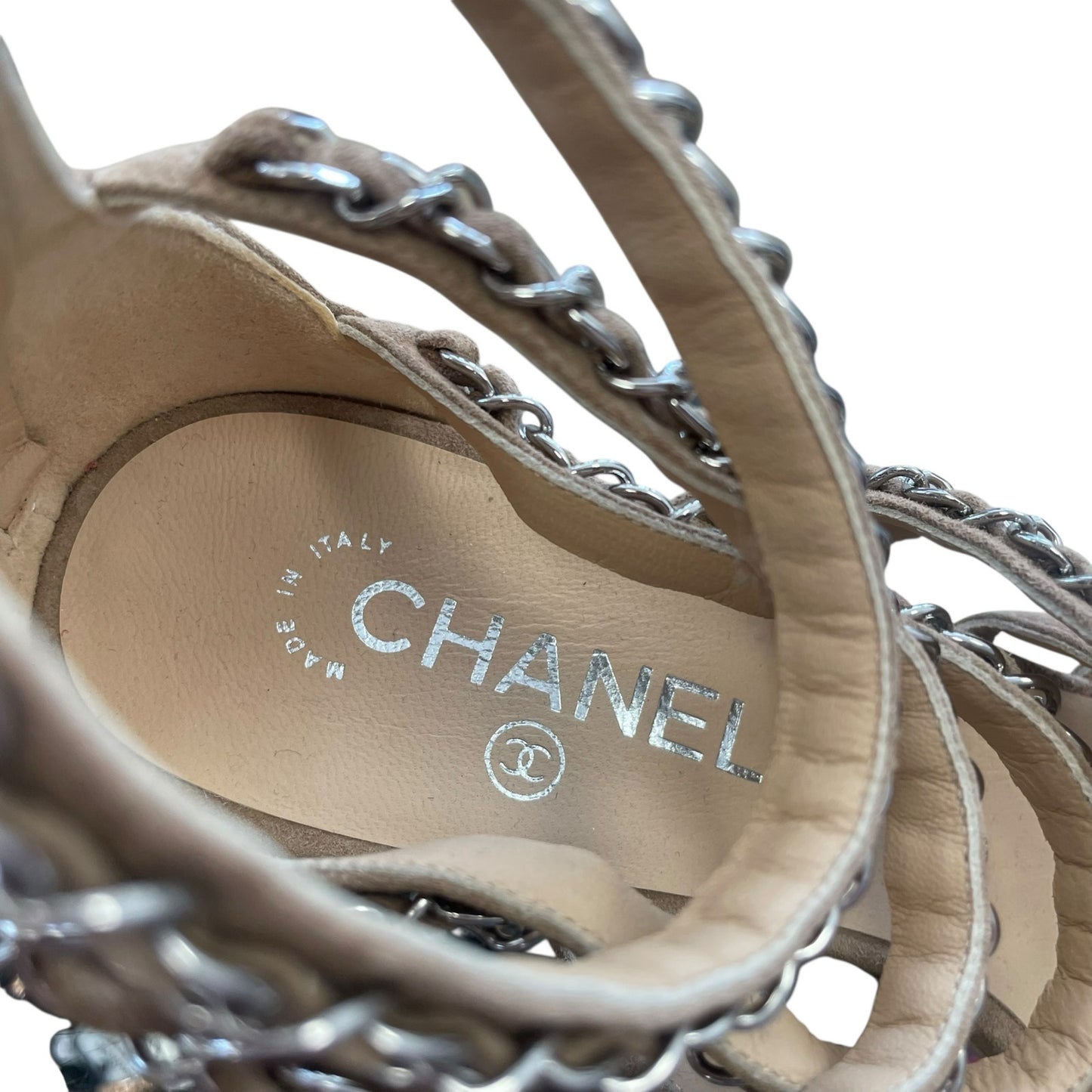 Chanel Tan Suede Silver Chain Accent Logo Block Heel Sandal Womens 39.5 / US 8.5