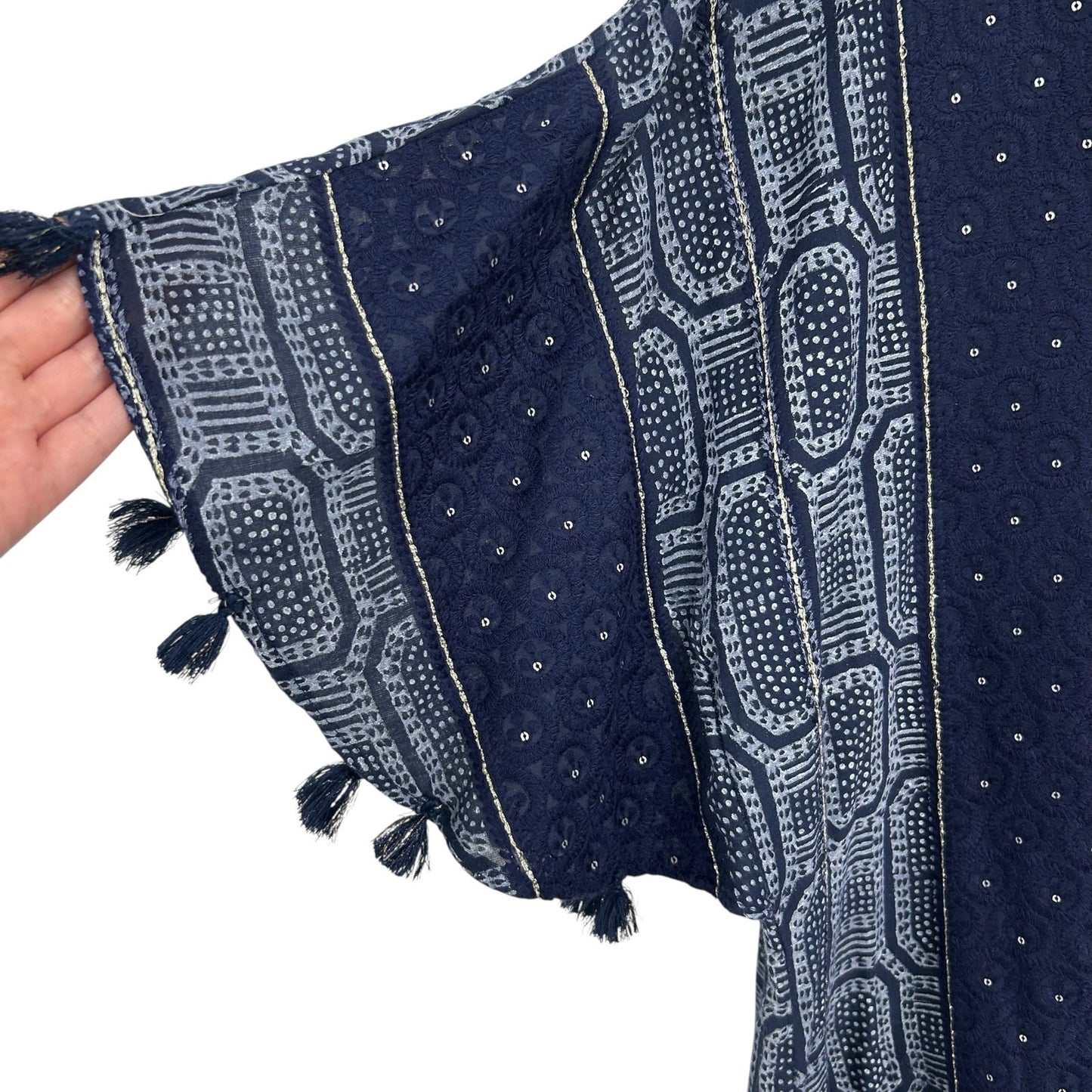 LulaSoul Navy White Printed Short Sleeve Tassel Knee Length Dress Womens Large