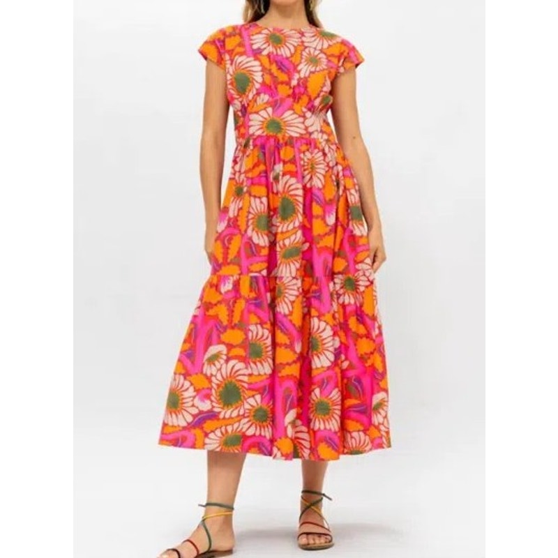 Oliphant Pink Floral Cap Sleeve Crewneck Pleated Cotton Midi Dress Womens Medium