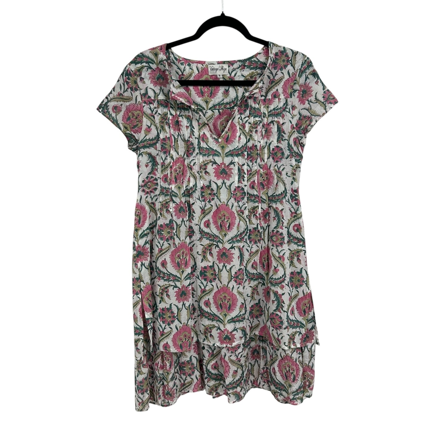 Vintage Ibiza Pink Green Floral Print Short Sleeve Cotton Dress Womens Small