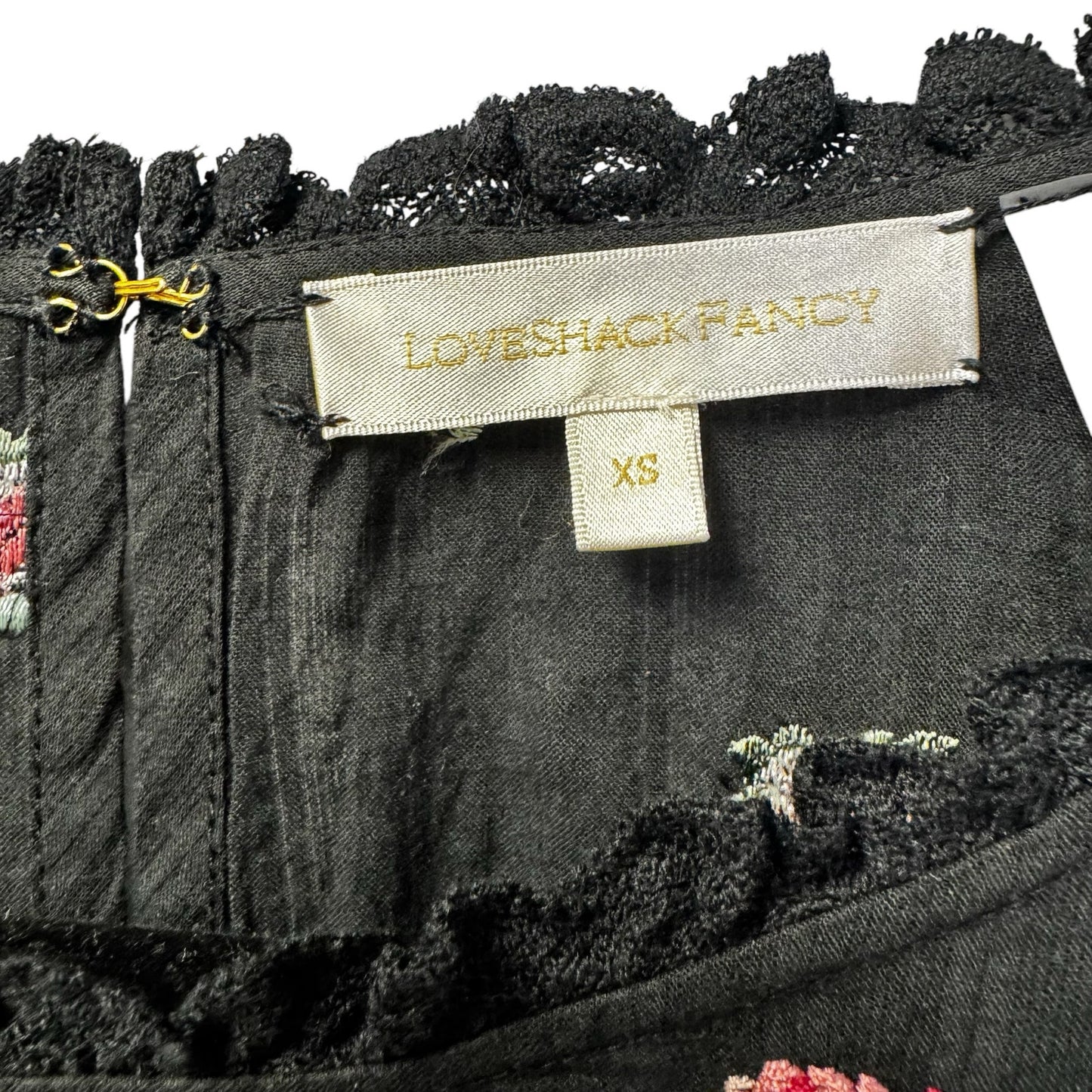 LoveShackFancy Short Sleeve Ruffle Mini Natasha Dress Black Combo Floral Size XS