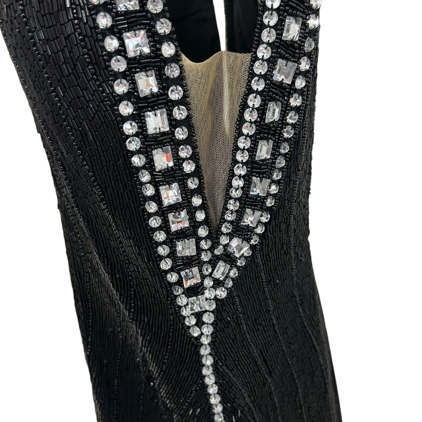 Aleta 738 Black Rhinestone Beaded Plunge Neckline Evening Mini Dress Womens 6