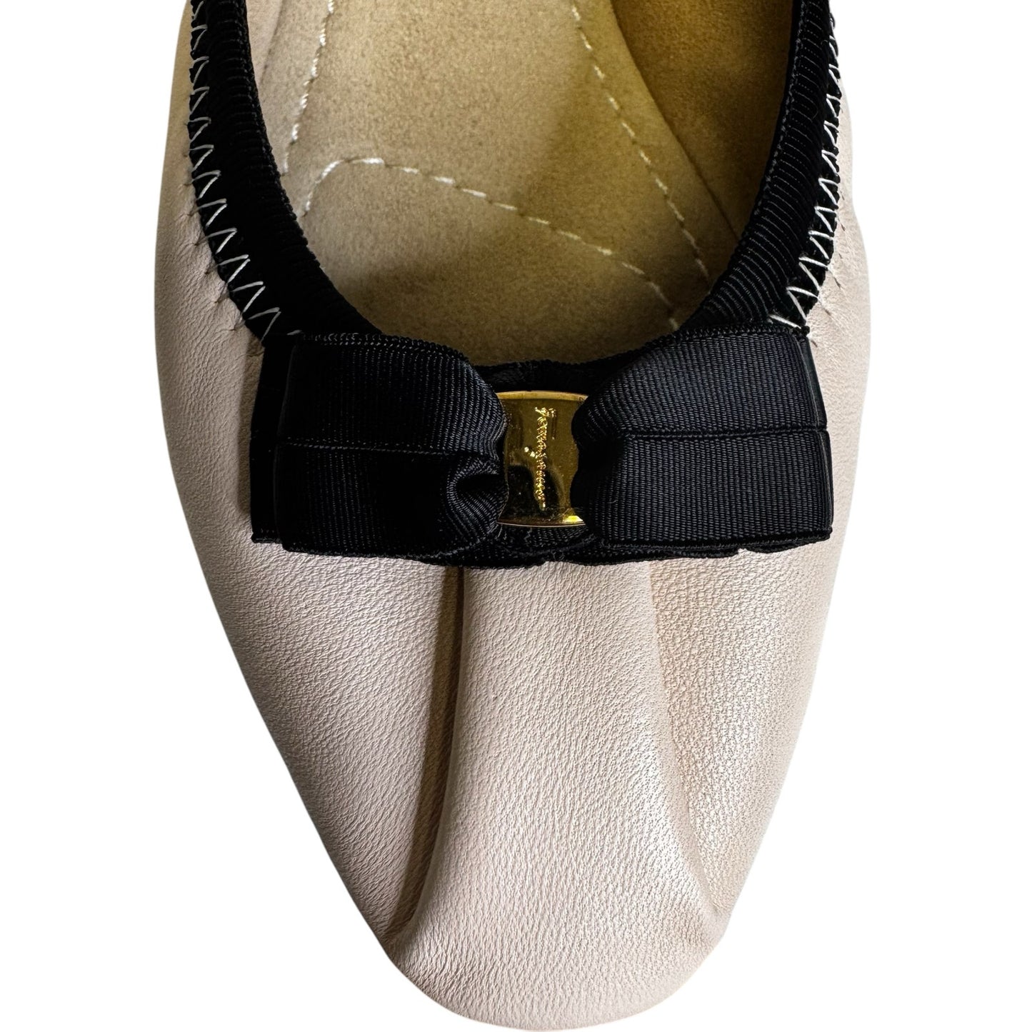 Salvatore Ferragamo Blush Black Vara Bow Accent Leather Ballet Flats Womens 6