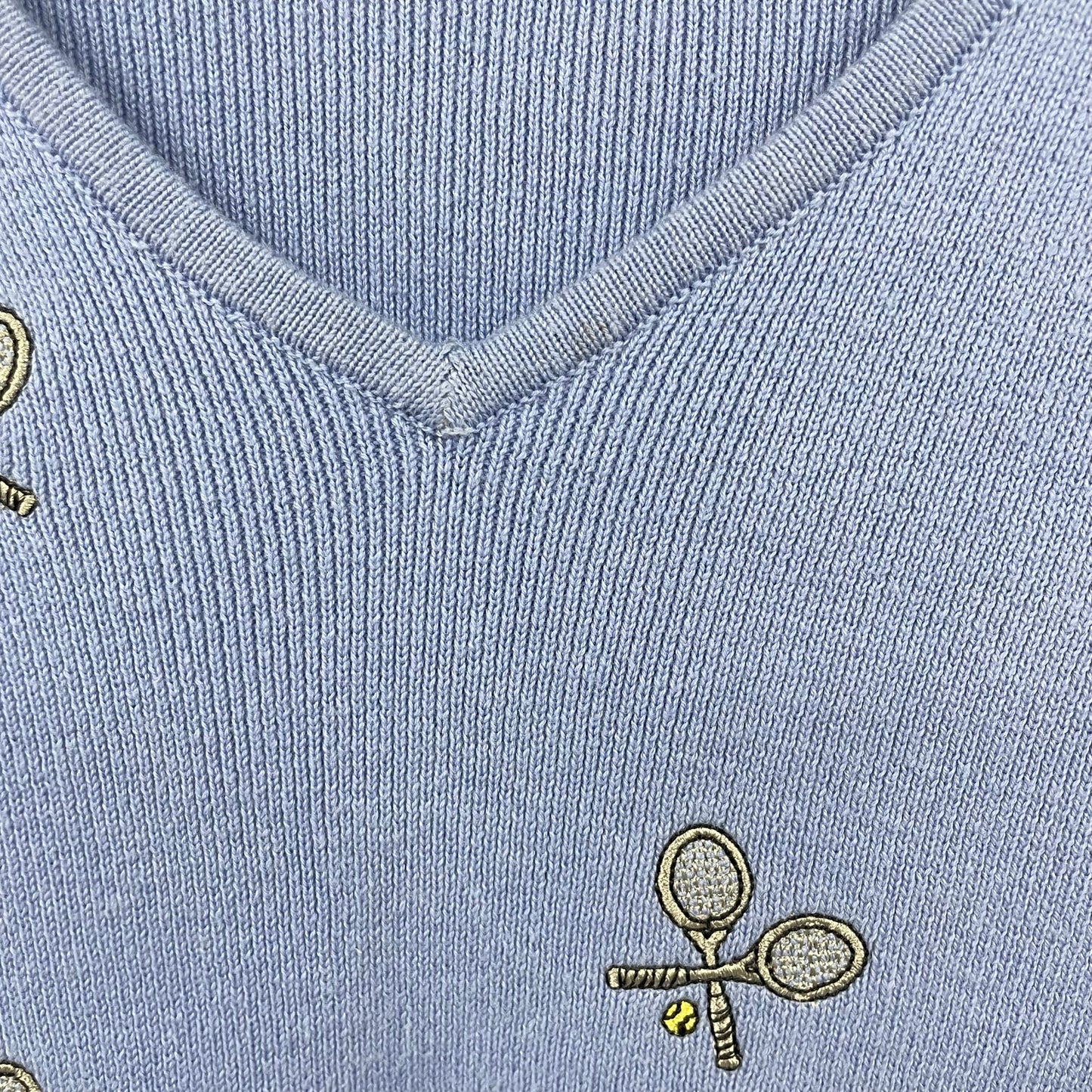 Vintage Carole Little Tennis Theme Embroidered Blue Sweater Petite Large AS IS