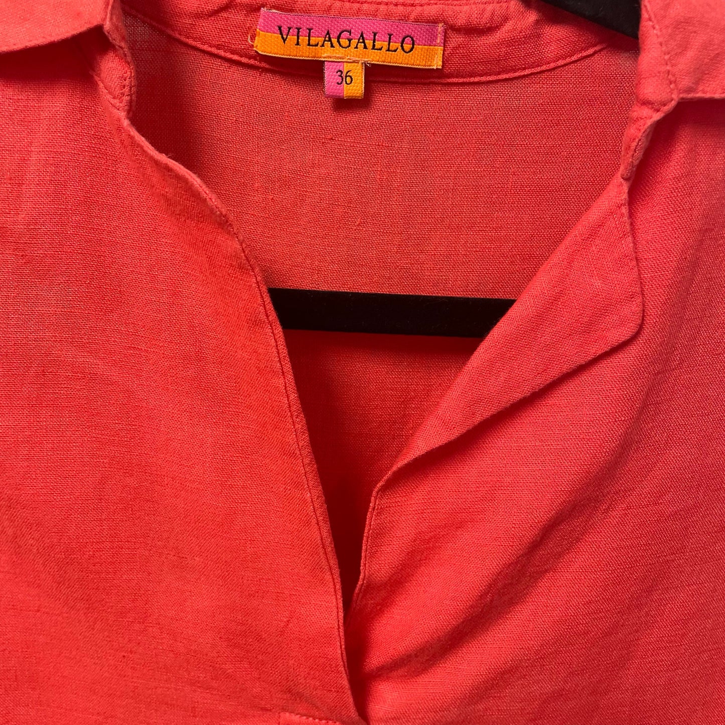 Vilagallo 100% Linen Split Neck Short Sleeve Popover Top Coral Red 36 / US 4