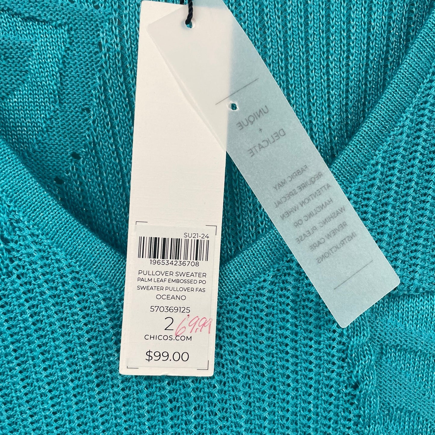 NWT Chico’s Palm Leaf Embroidered Pullover Sweater Ocean Blue Womens Large