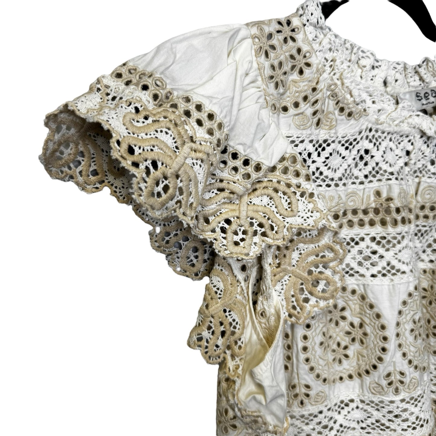 SEA New York Cream Evie Eyelet Embroidered Flutter Sleeve Top Womens Medium