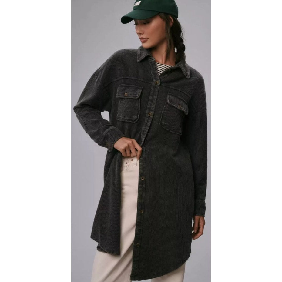 Anthropologie Pilcro Gray Ribbed Corduroy Relaxed Duster Shacket Large AS IS
