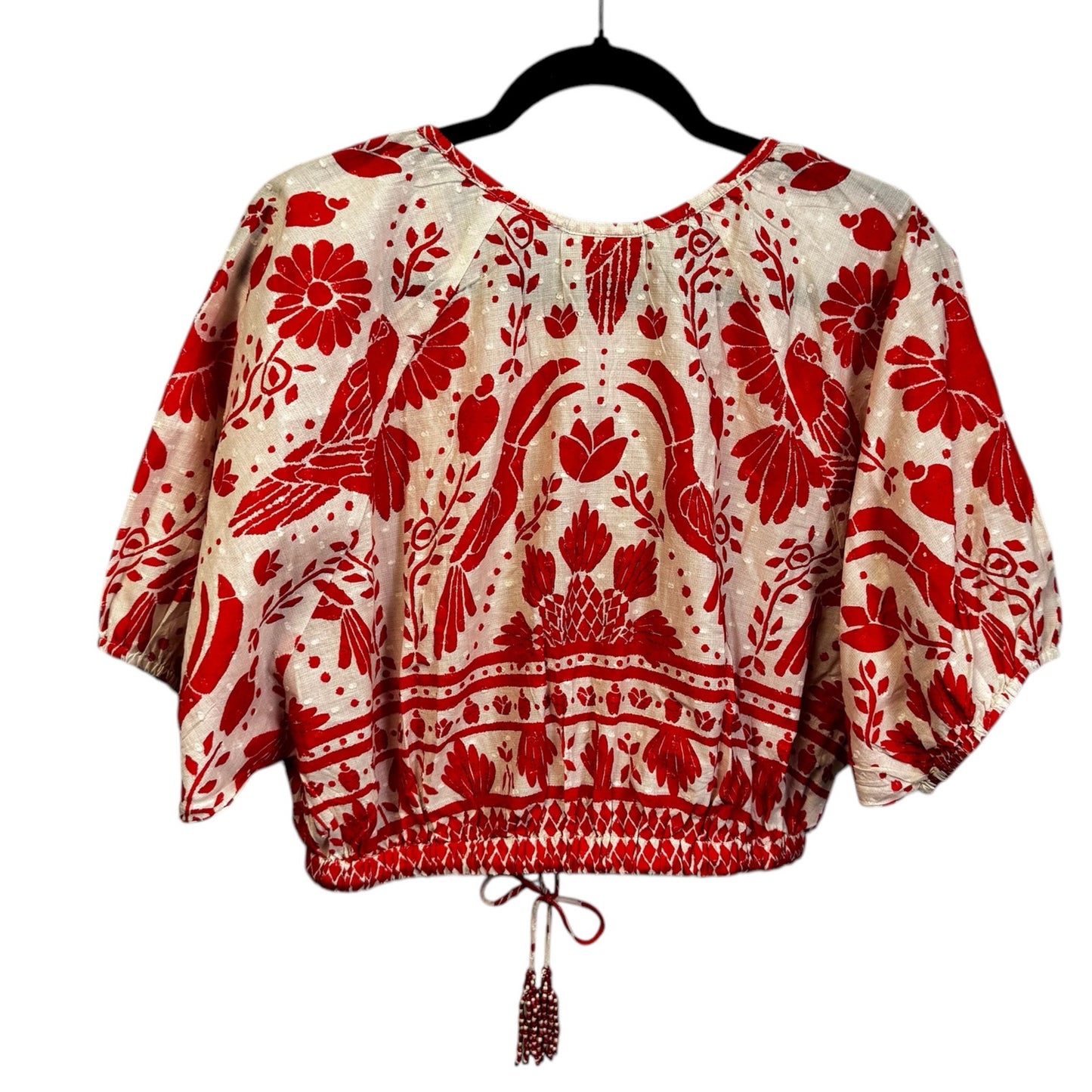 NWT Farm Rio Red White Jungle Flow Puff Sleeve Cotton Cropped Top Womens Small