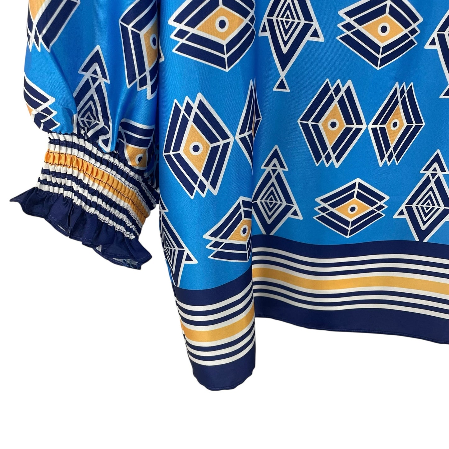 Jade Split Neck Navy Blue Yellow Geometric Print Top Womens Size Large
