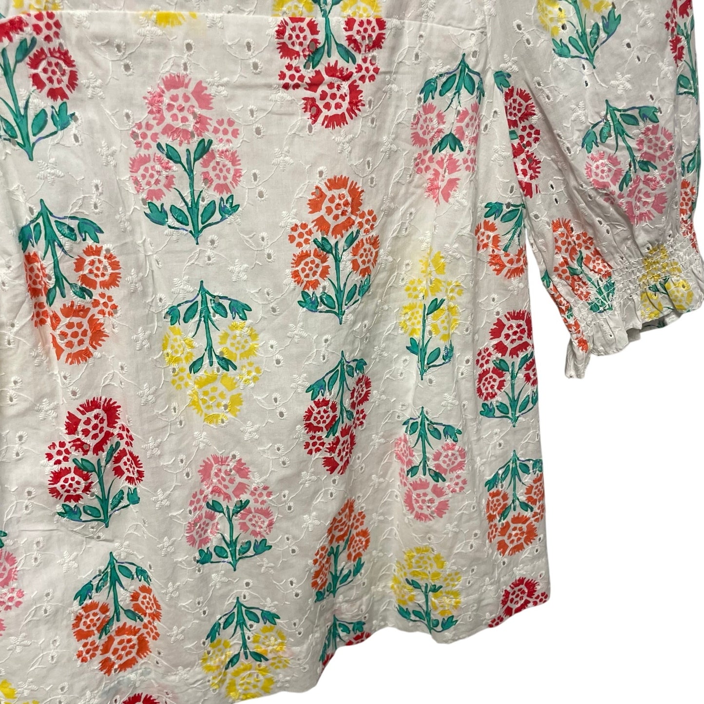 Draper James RSVP Eyelet Puff Shoulder Square Neck Top White Multi Floral Small