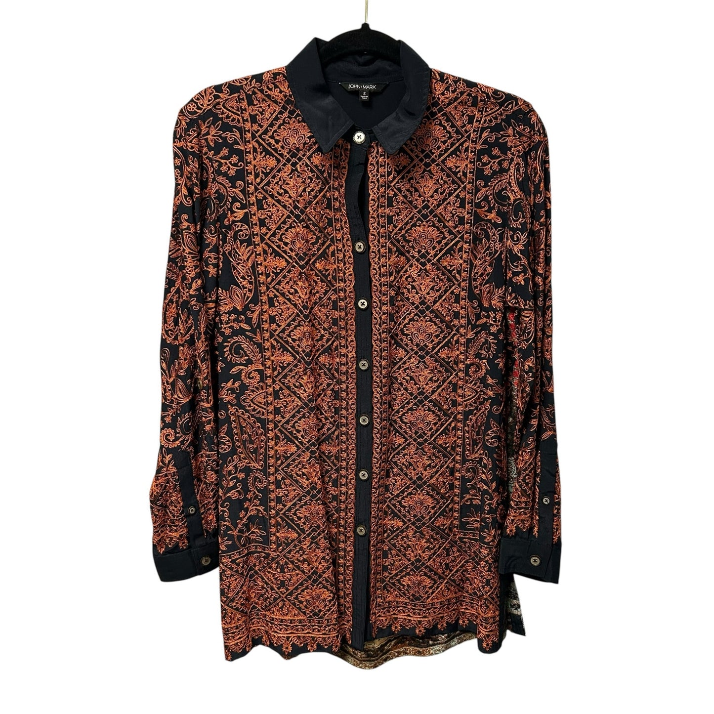 John Mark Orange Navy Floral Embroidered Long Sleeve Button Up Top Womens Small