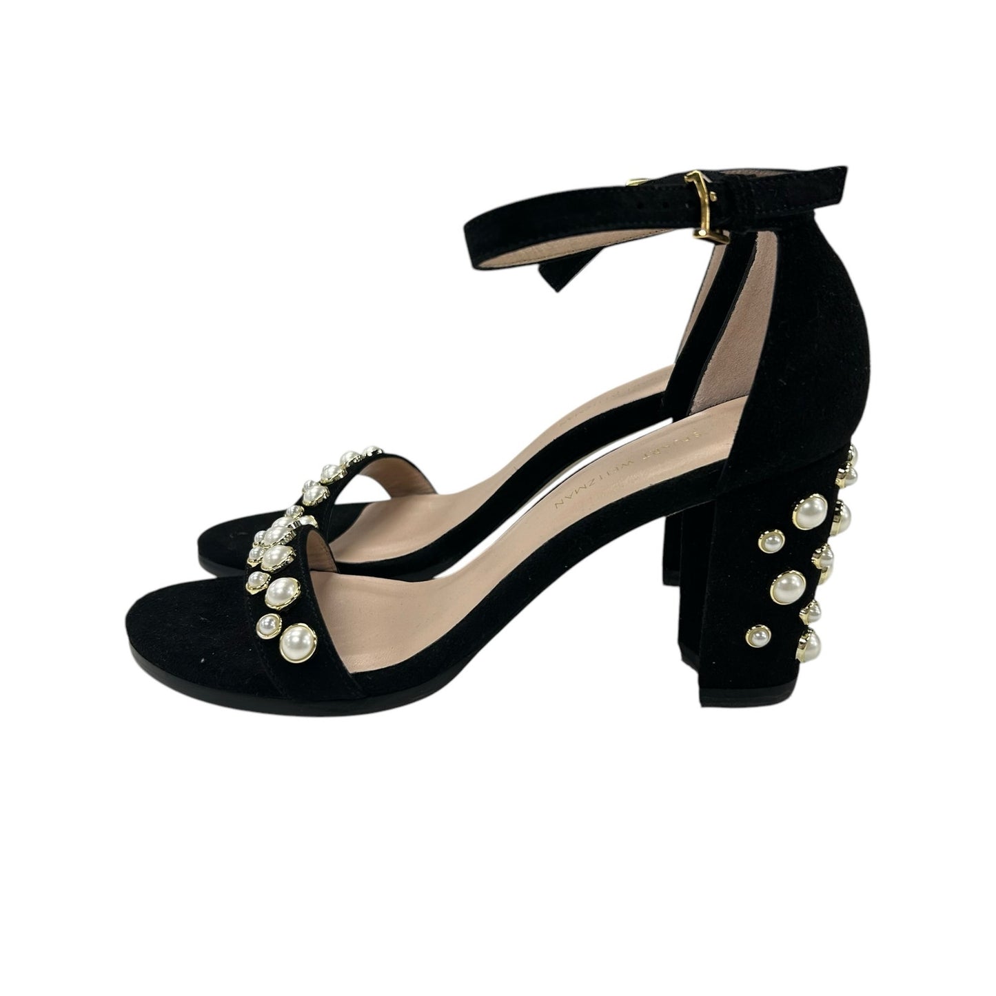 Stuart Weitzman Black Morepearls Studded Suede Ankle Strap Sandals Womens 7