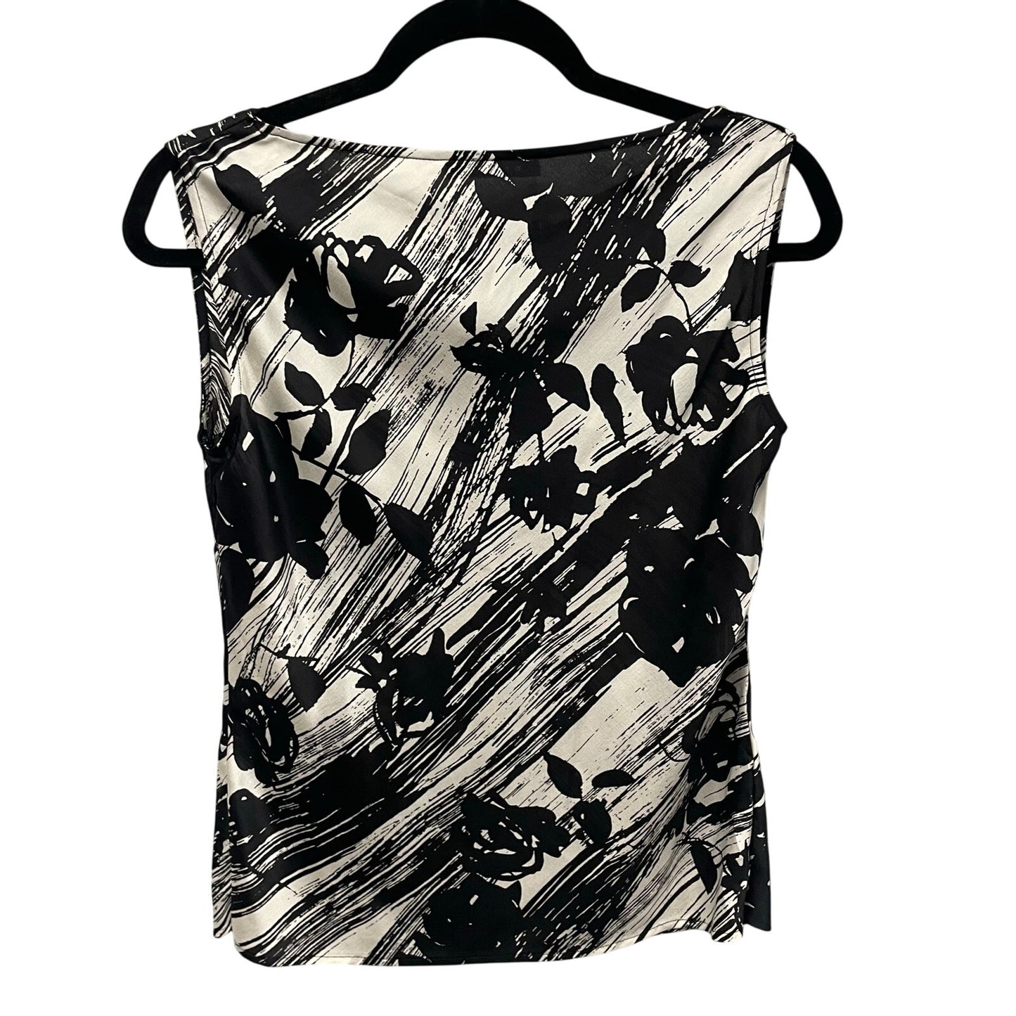 St. John Pure Silk Black White Floral Striped Sleeveless Draped Neck Top Small?