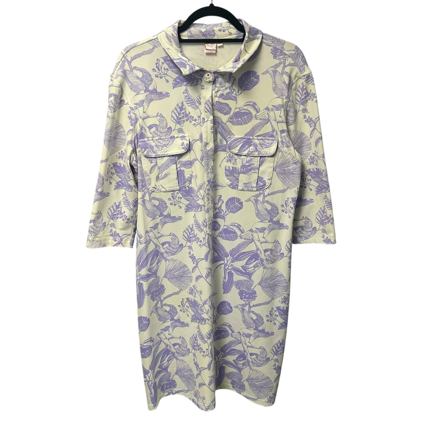 Persifor White Purple Bird Floral Toile Print 3/4 Sleeve Shirt Dress Womens XL