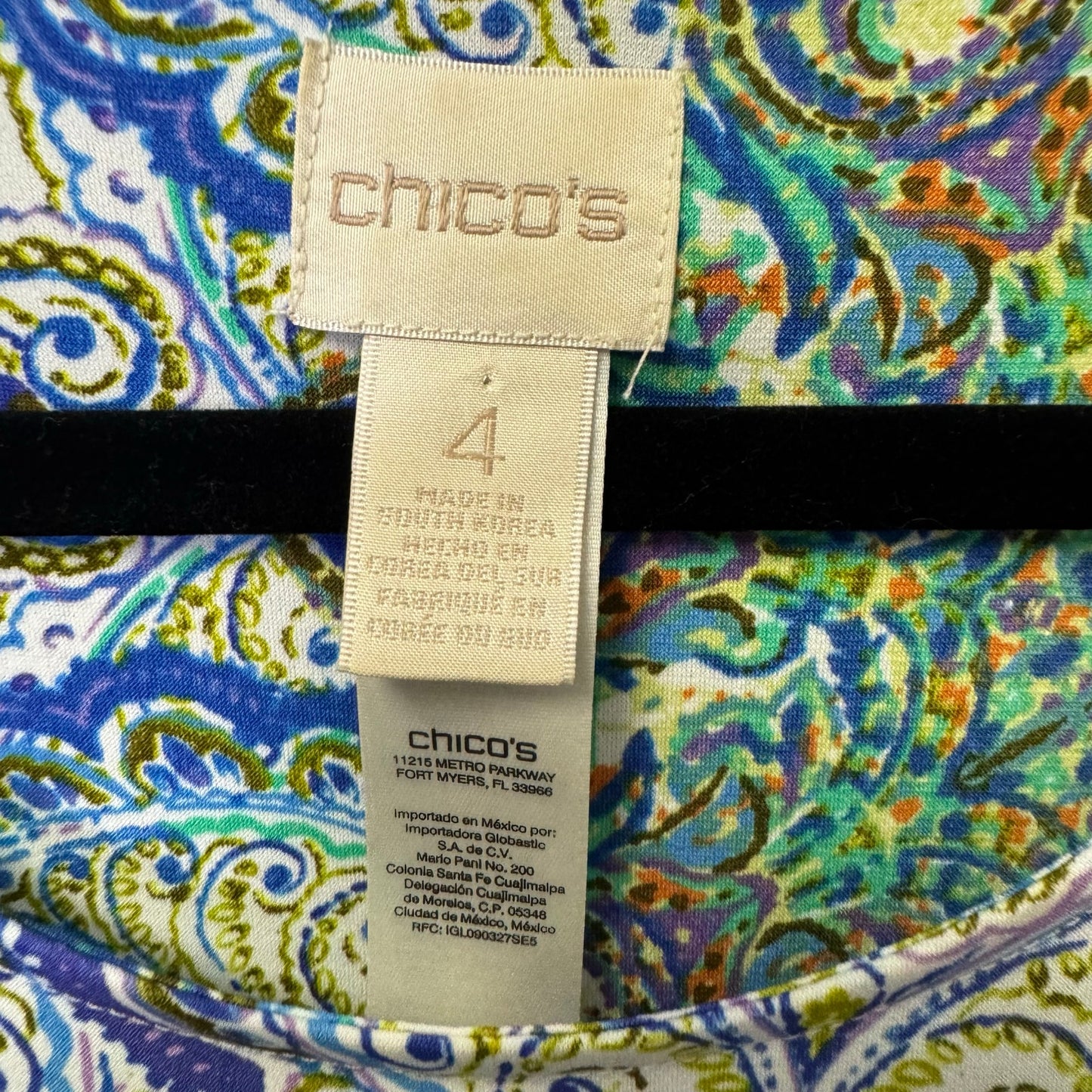 Chico's Blue Green Purple Paisley 3/4 Kimono Sleeve Round Neck Top Womens 20