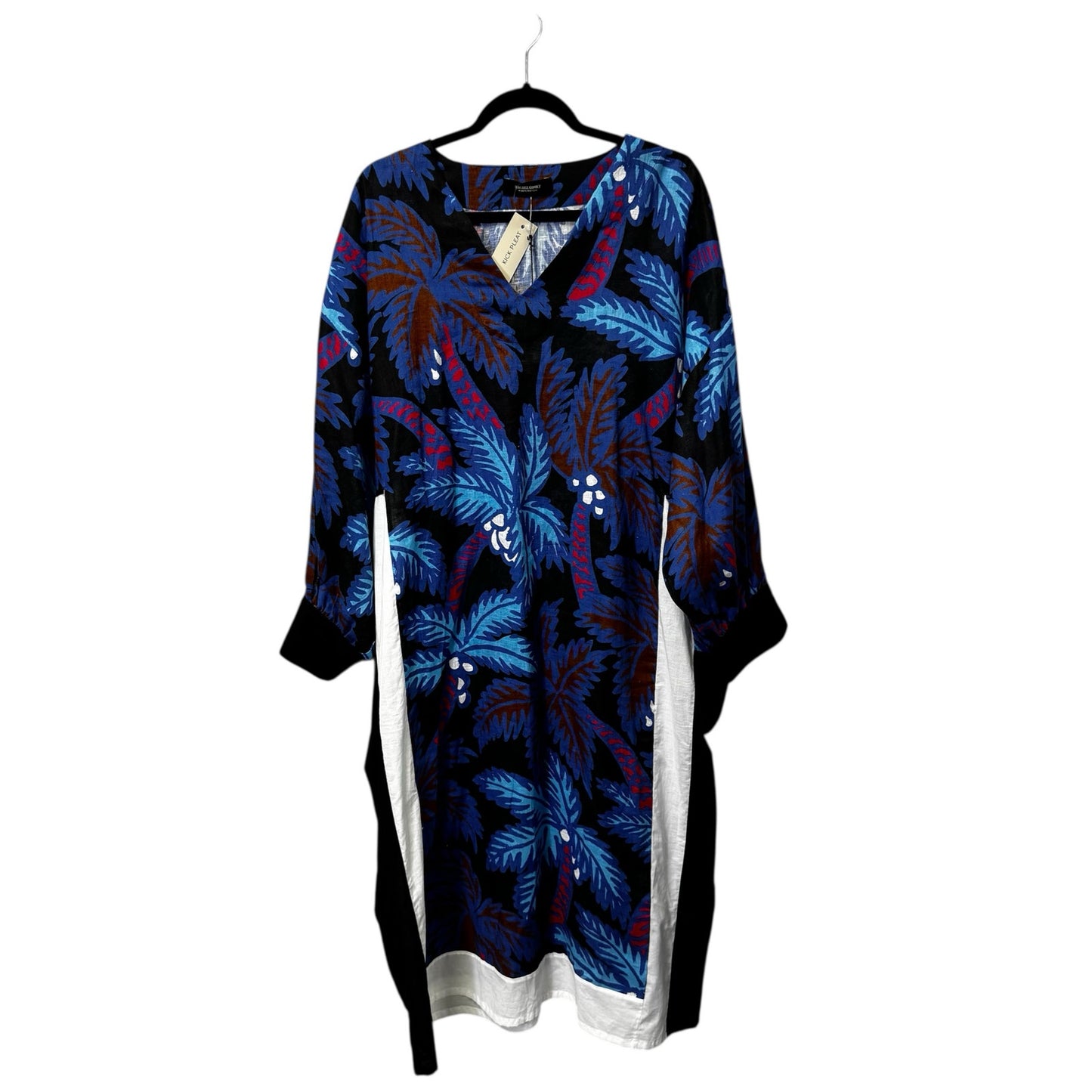 NWT Rachel Comey Black Blue Long Sleeve V Neck Linen Midi Shift Dress Womens M/L
