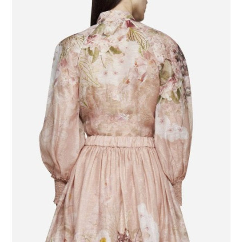 NWT Zimmermann Blush Dancer Floral Long Sleeve Silk Linen Blouse Womens 1 / US 6
