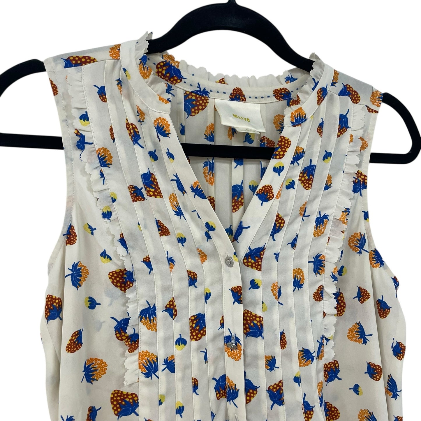 Anthropologie Maeve Strawberry Print Pleated Sleeveless Top Cream Multicolor 0