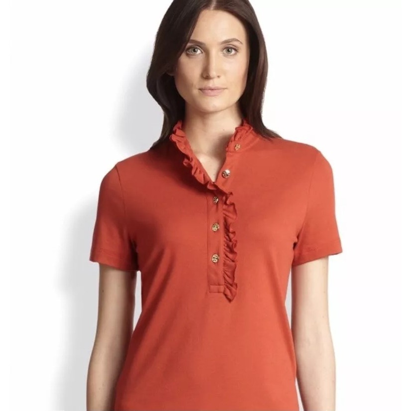 Tory Burch Red Short Sleeve Ruffle Neck Half Placket Lidia Polo Womens Medium